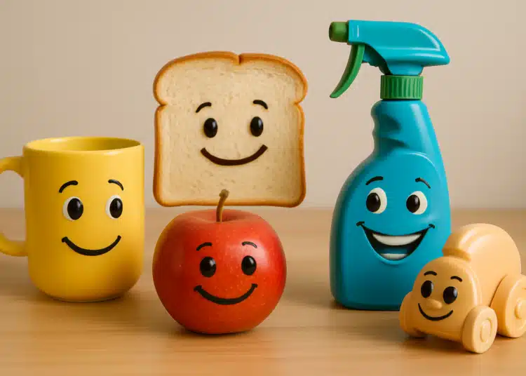 Itens diversos com rostos sorridentes desenhados, incluindo caneca, maçã, pão, borrifador e carrinho