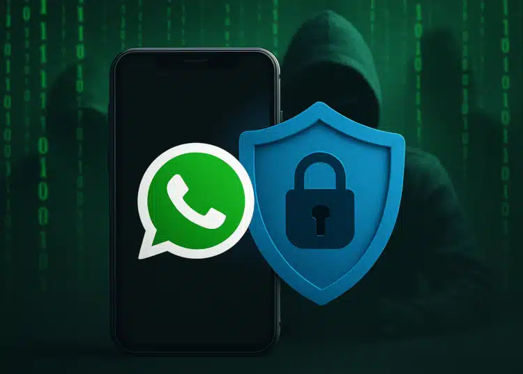 Celular com logo do WhatsApp e escudo azul com cadeado, fundo com figura de hacker e códigos binários