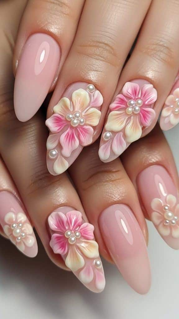 Mãos exibem unhas rosas alongadas decoradas com flores em relevo e pequenas pérolas.