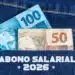 Cédulas de 100 e 50 reais em bolso de jeans destacado com frase abono salarial 2026