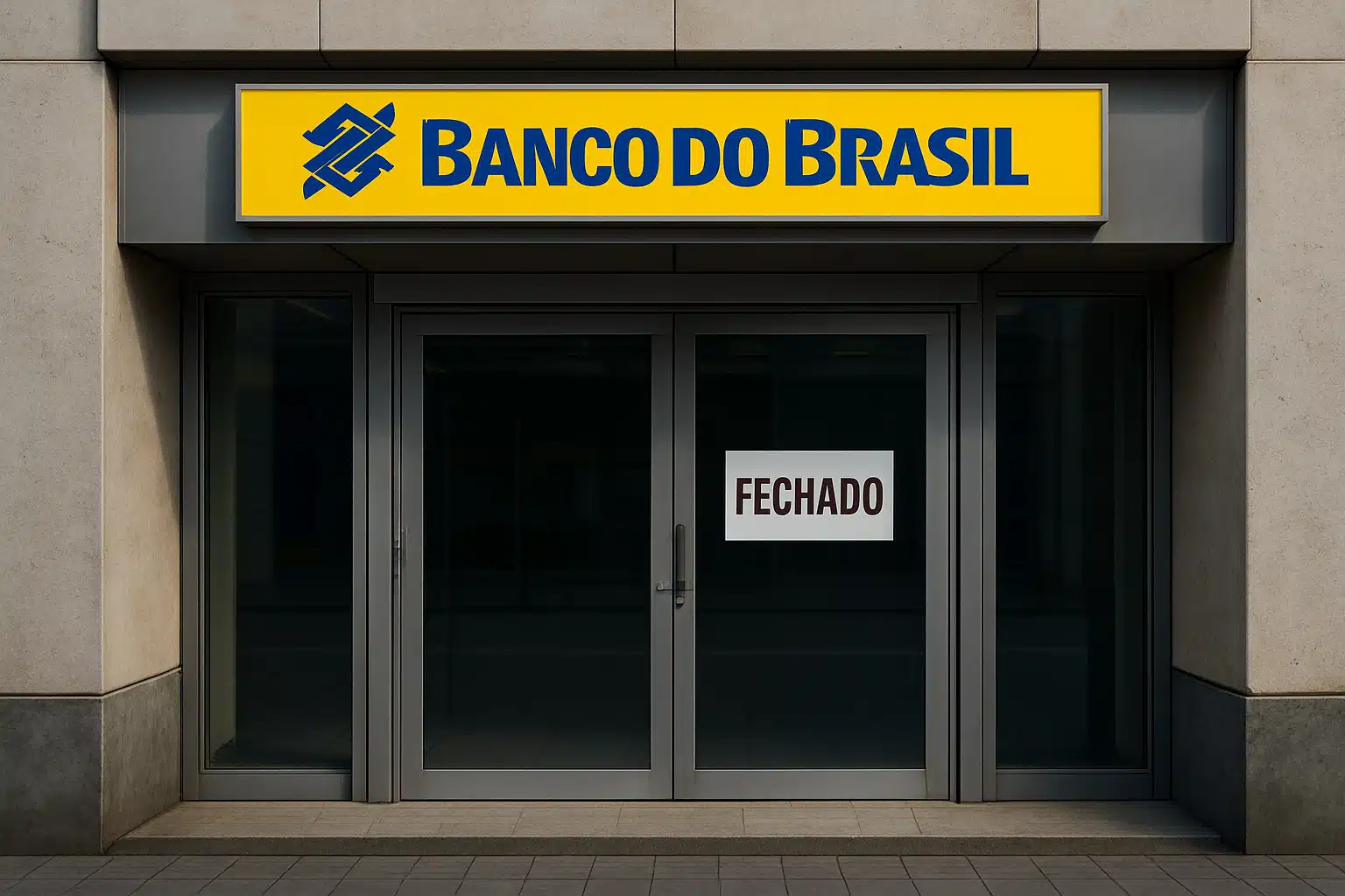 Fachada do Banco do Brasil com placa de fechado na porta.