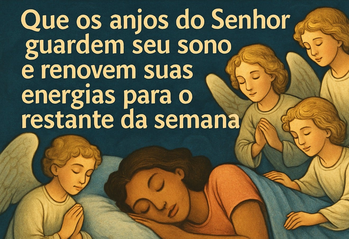 Mulher dormindo cercada por anjos com mensagem de bênção para o sono.