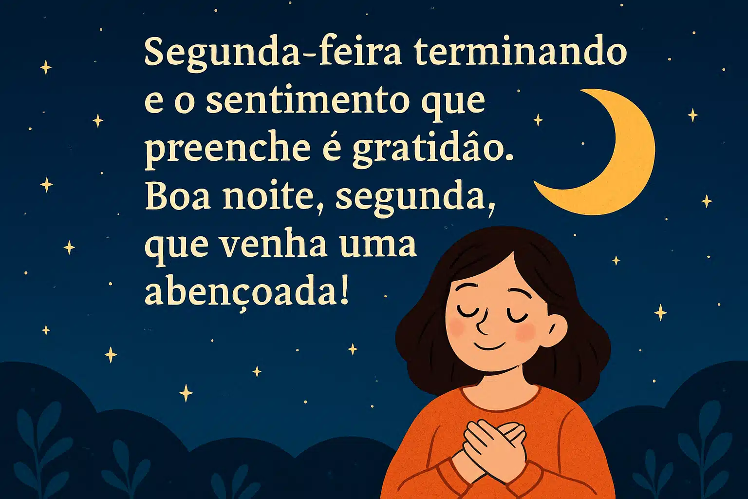 Ilustração de mulher sorrindo com mãos no peito sob céu noturno com estrelas, lua e mensagem de gratidão por segunda-feira.