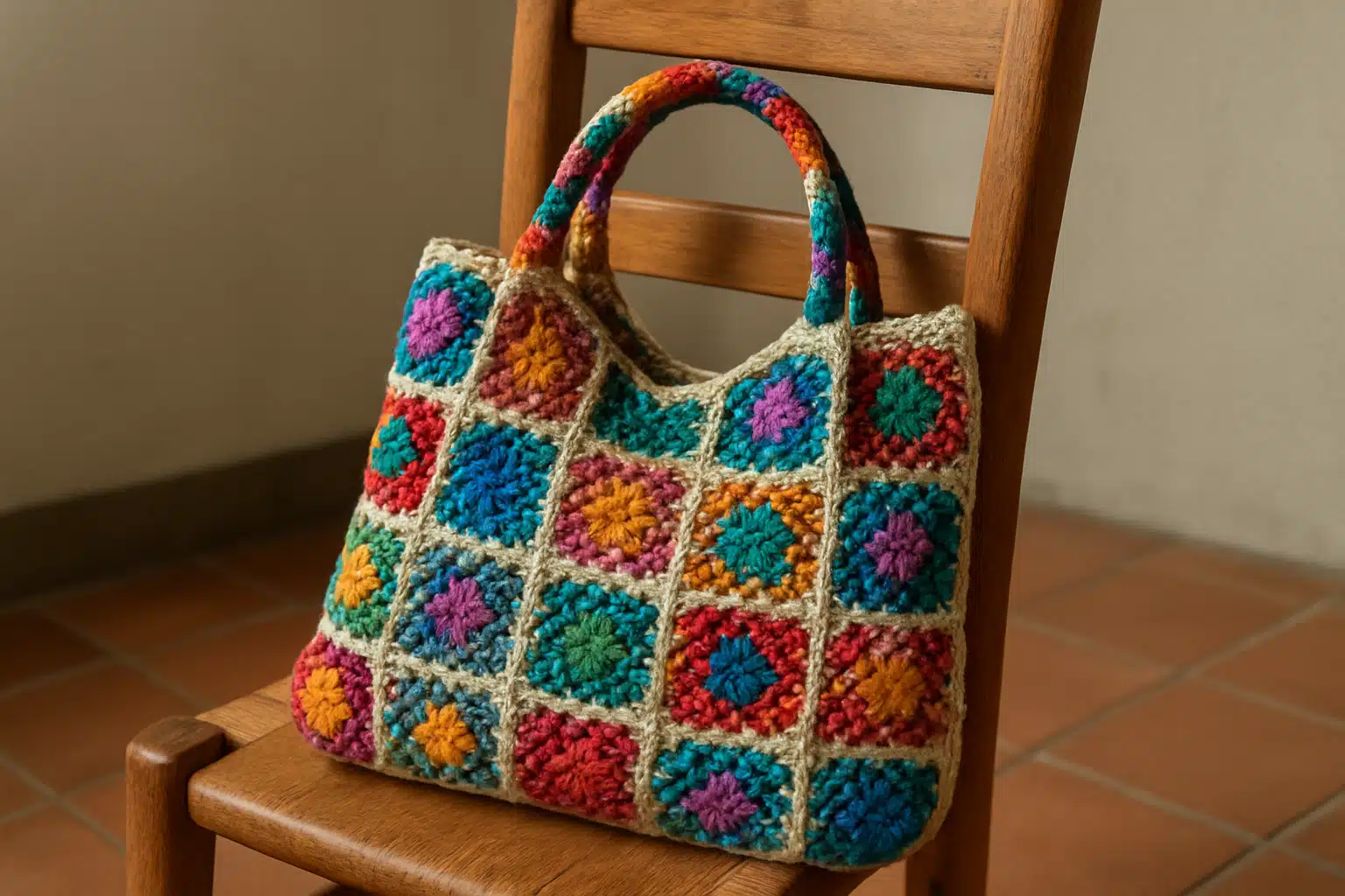 Bolsa de crochê colorida em cadeira de madeira.