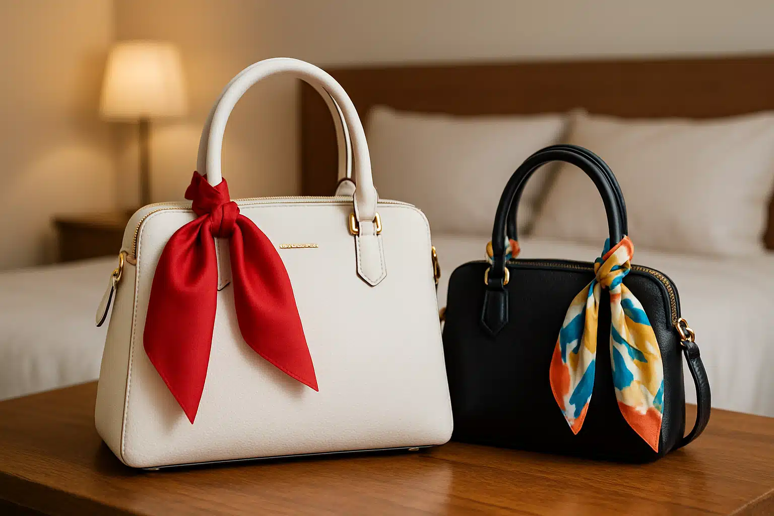 Duas bolsas femininas sobre uma mesa de madeira, uma bege com lenço vermelho e outra preta com lenço colorido.