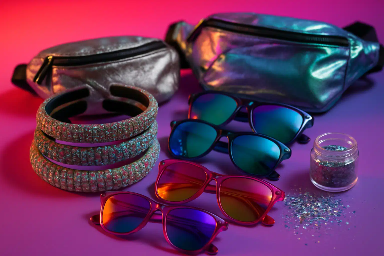 Quatro óculos escuros coloridos, duas pochetes metálicas, três tiaras brilhantes e pote de glitter sobre superfície rosa.