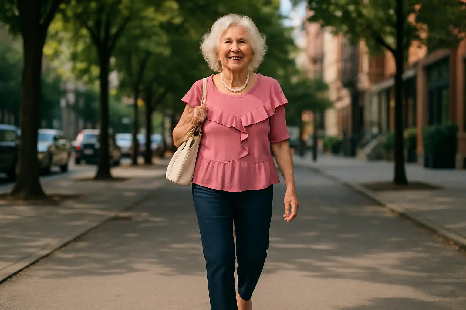 Idosa sorridente caminhando em uma rua arborizada.