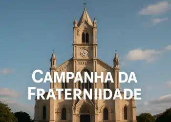 Fachada de igreja com texto Campanha da Fraternidade.