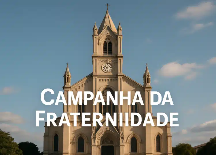 Fachada de igreja com texto Campanha da Fraternidade.