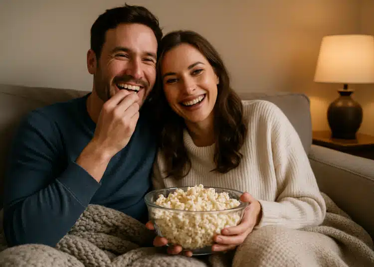 Casal sorridente sentado no sofá comendo pipoca.