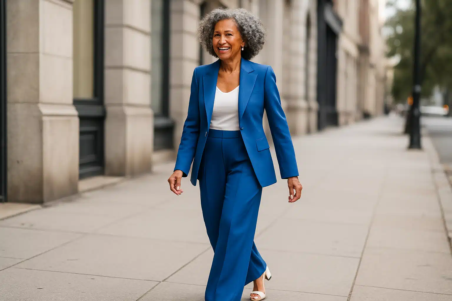 Mulher madura de cabelo grisalho andando sorridente com terno azul em calçada urbana.