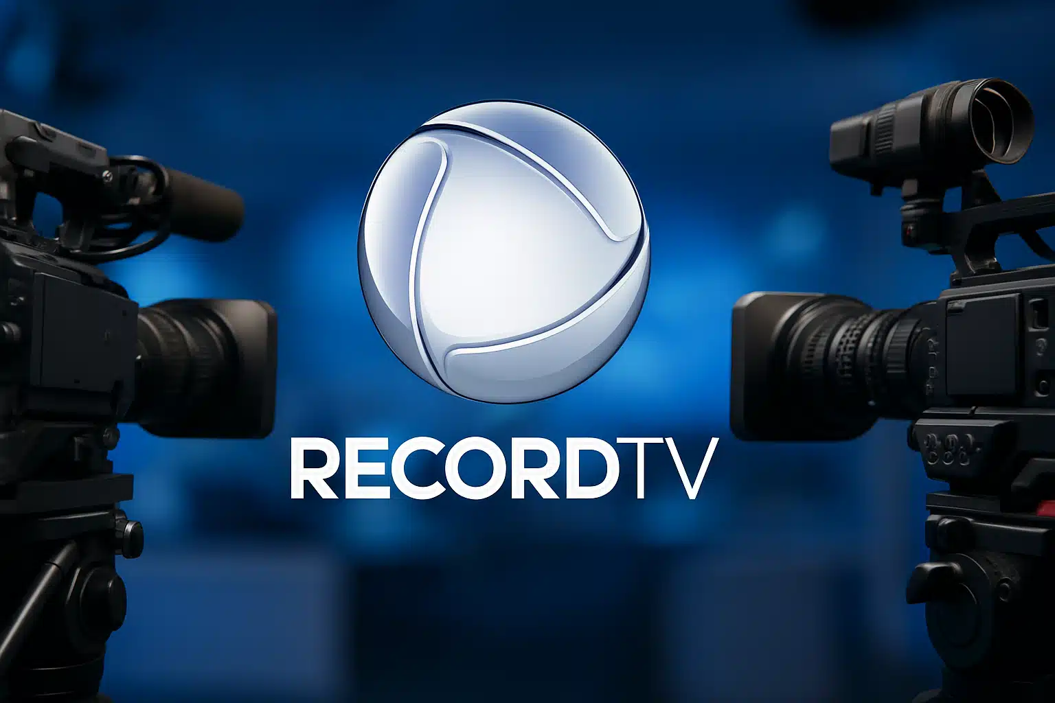 Logo da RecordTV entre duas câmeras de vídeo.