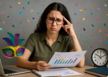 Mulher séria com gráficos, máscara de carnaval e confetes ao fundo.