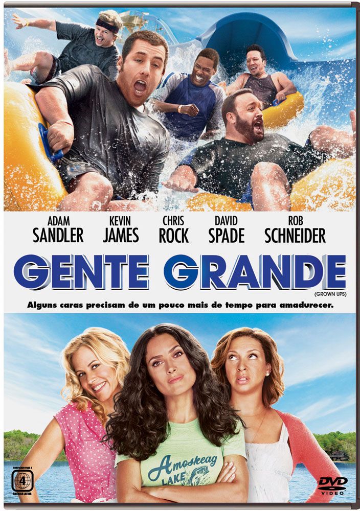 Cinco homens descem toboágua sorrindo enquanto três mulheres posam lado a lado em frente ao lago.