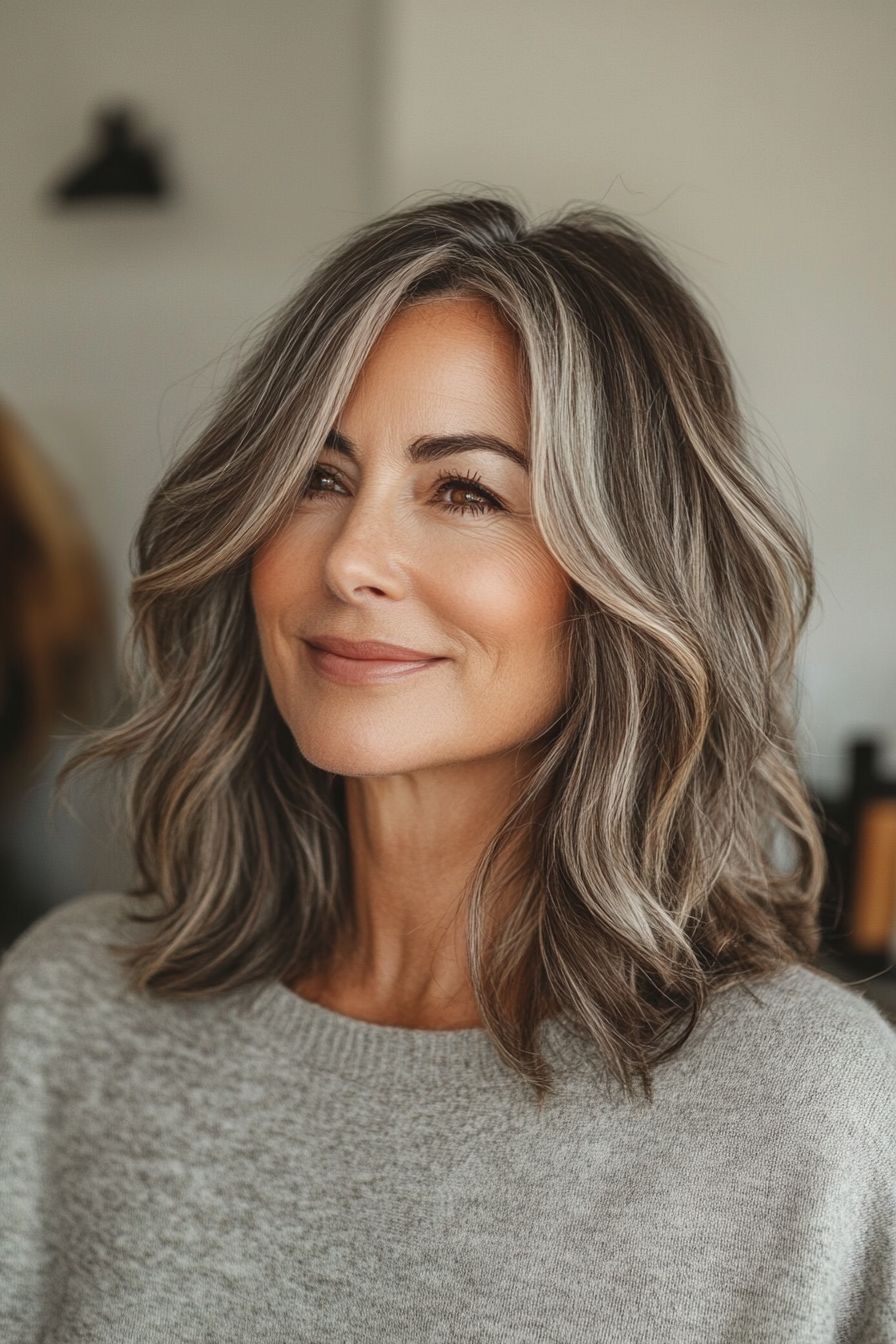 Mulher de cabelos grisalhos médios e repicados sorrindo suavemente em ambiente iluminado.