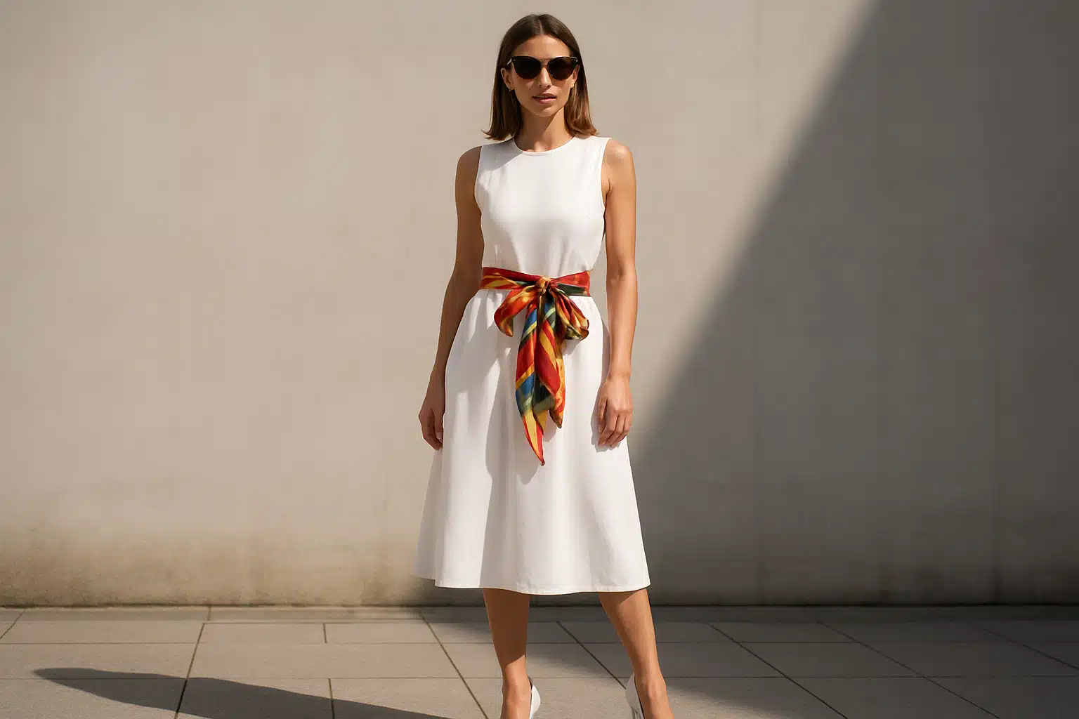 Mulher vestindo vestido branco e lenço colorido amarrado na cintura.