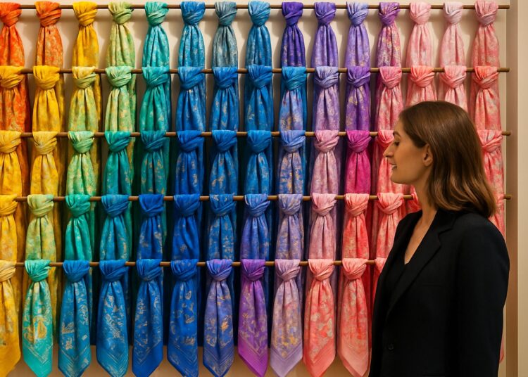 Mulher observa parede com lenços coloridos organizados por tons.