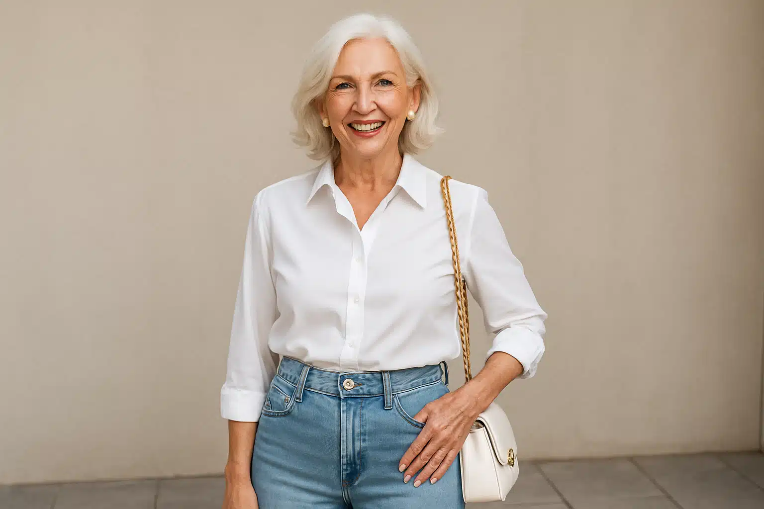 Mulher idosa sorridente usando camisa branca e calça jeans.