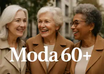 Três mulheres idosas sorrindo e usando casacos elegantes.