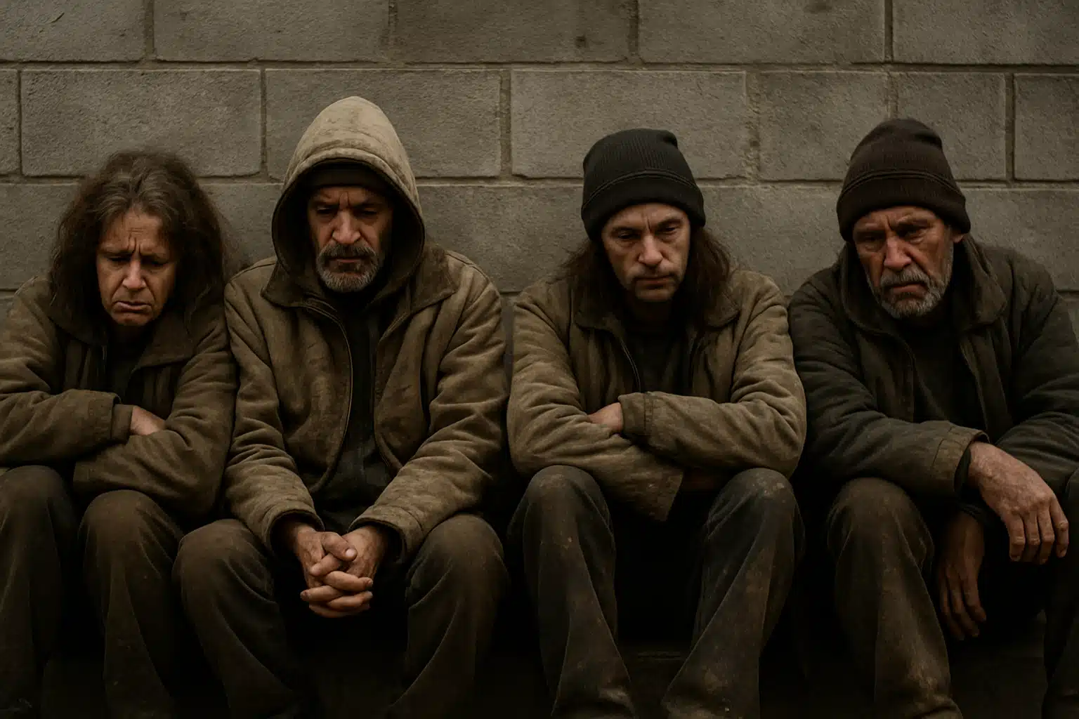 Quatro homens sentados no chão, com expressões tristes, usando roupas escuras e sujas em frente a um muro cinza.