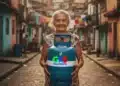 Idosa sorridente segura botijão azul do programa Gás do Povo em rua de favela colorida.
