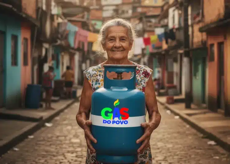 Idosa sorridente segura botijão azul do programa Gás do Povo em rua de favela colorida.