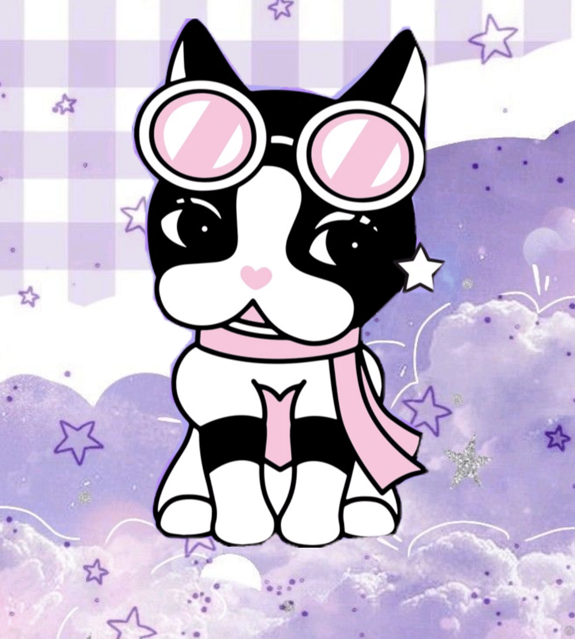 Rebbeca Bonbon sentada usando óculos grandes e cachecol rosa com estrelas no fundo lilás.