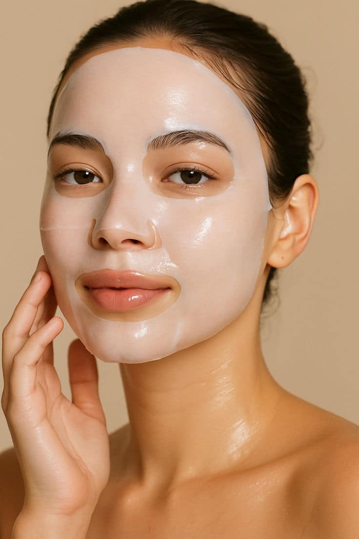 Mulher usando máscara de folha hidratante enquanto toca suavemente o rosto