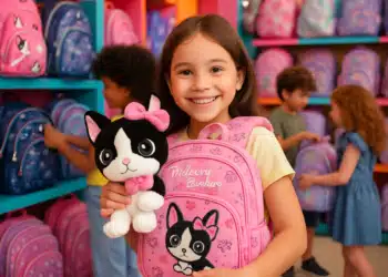 Menina segurando mochila rosa com desenho de cachorro e pelúcia combinando em loja de mochilas infantis.