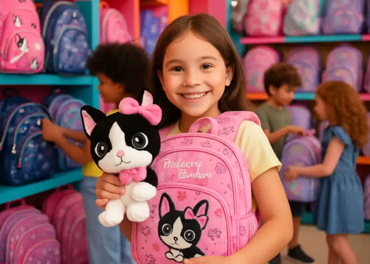 Menina segurando mochila rosa com desenho de cachorro e pelúcia combinando em loja de mochilas infantis.