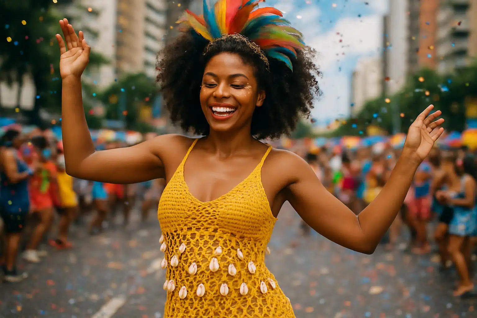 Mulher sorrindo com fantasia colorida durante o Carnaval de rua