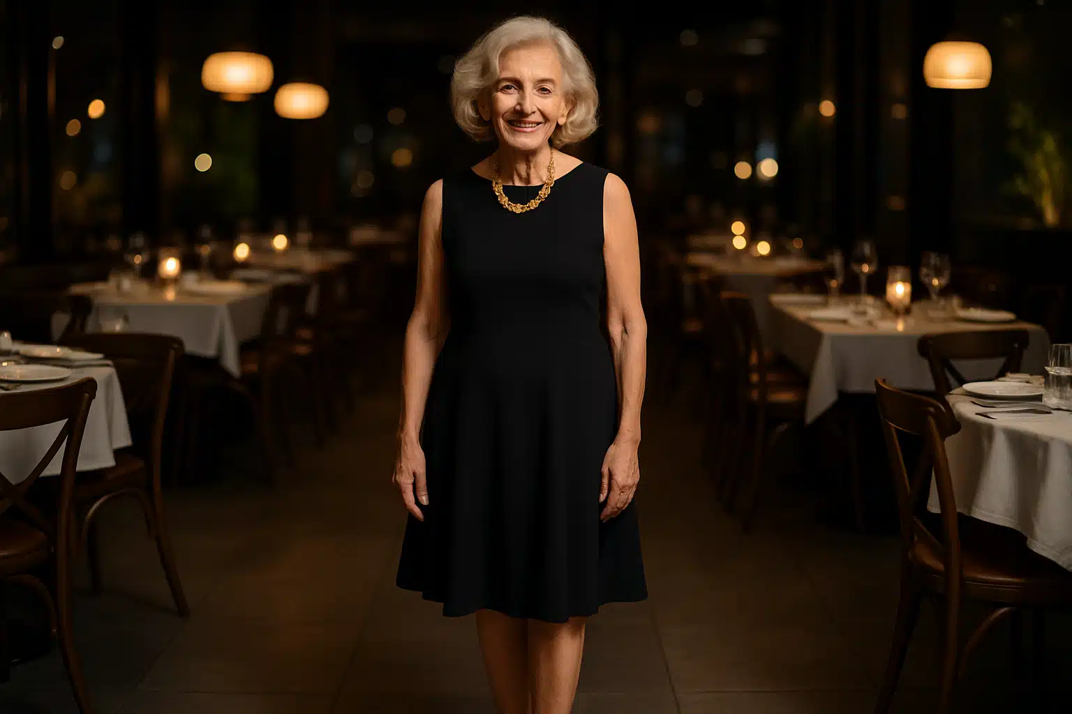Senhora elegante de vestido preto em restaurante sofisticado.