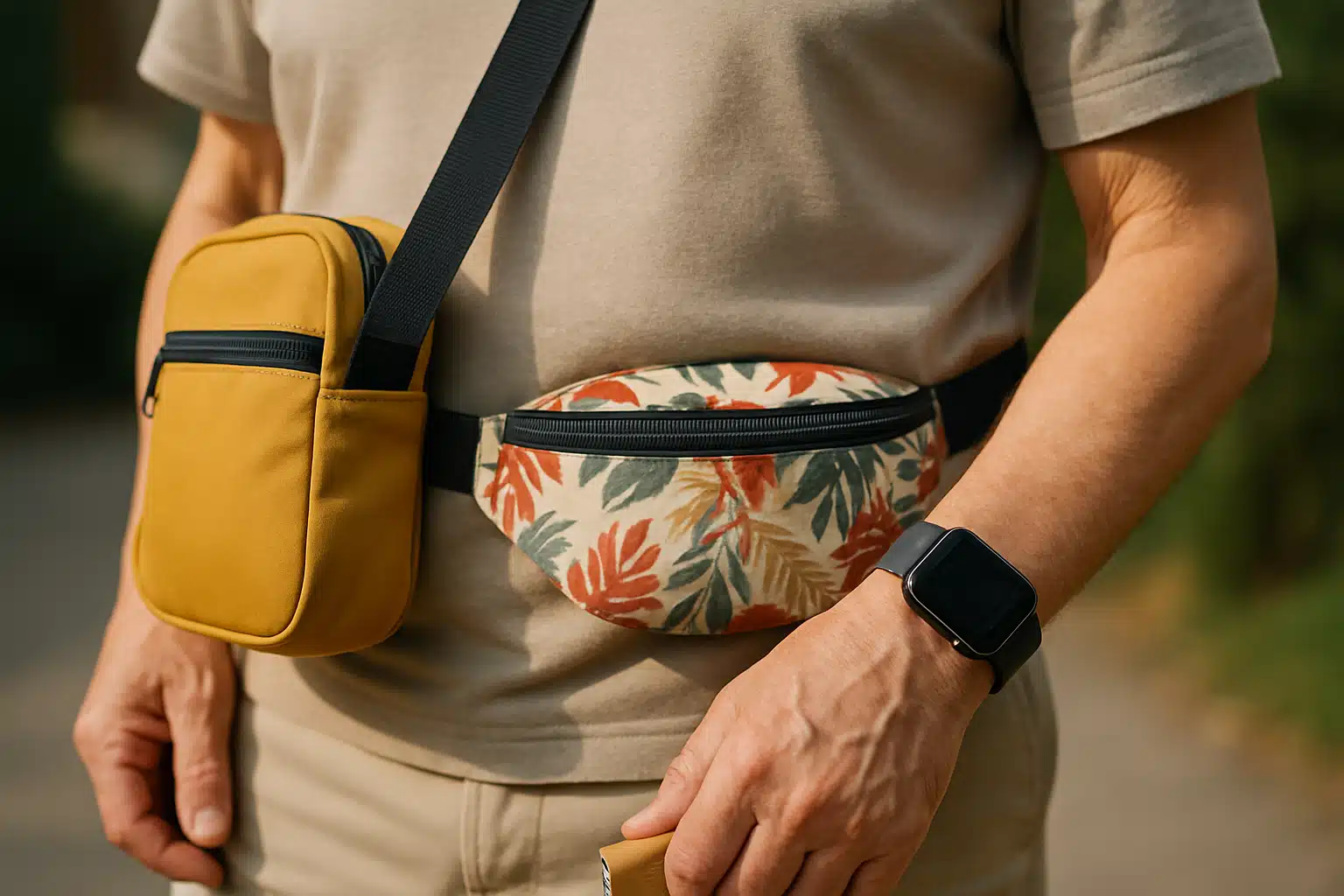 Pessoa usando duas pochetes, uma amarela e outra estampada, além de um smartwatch no pulso