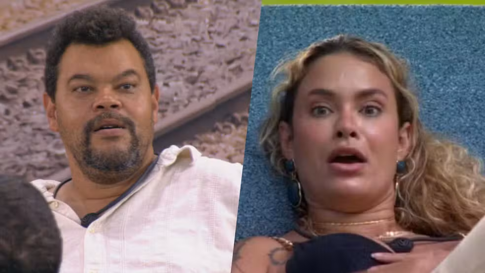 Babu Santana gesticulando com humor ao imitar Sarah Andrade diante de câmera