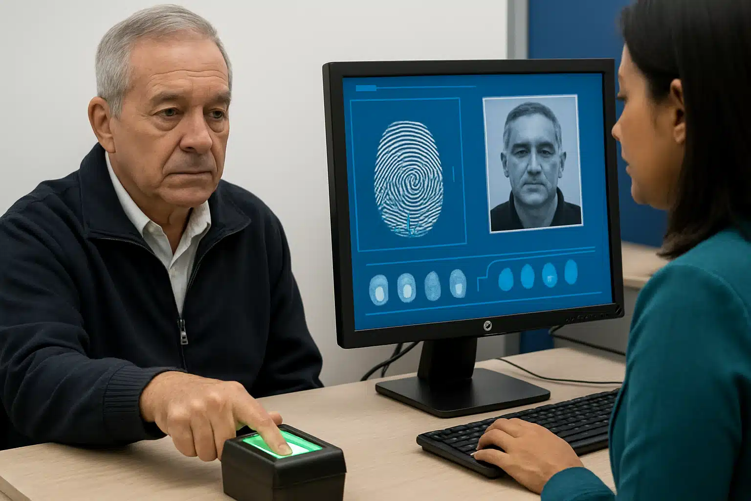 Homem idoso posiciona dedo em leitor biométrico enquanto funcionária opera computador.