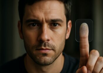 Homem realizando leitura biométrica com o dedo indicador para validação de cadastro