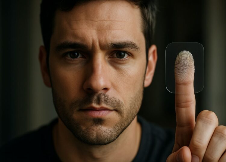 Homem realizando leitura biométrica com o dedo indicador para validação de cadastro