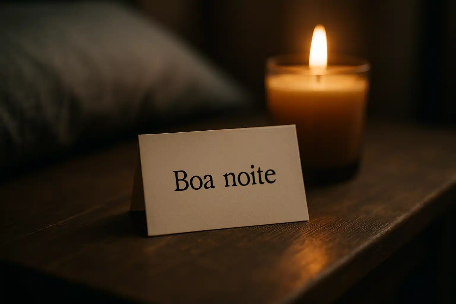  Cartão com as palavras "Boa noite" sobre mesa ao lado de vela acesa