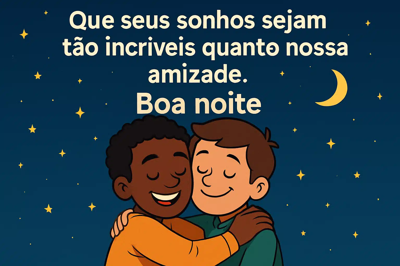 Dois amigos sorrindo enquanto se abraçam sob céu noturno com estrelas e lua crescente