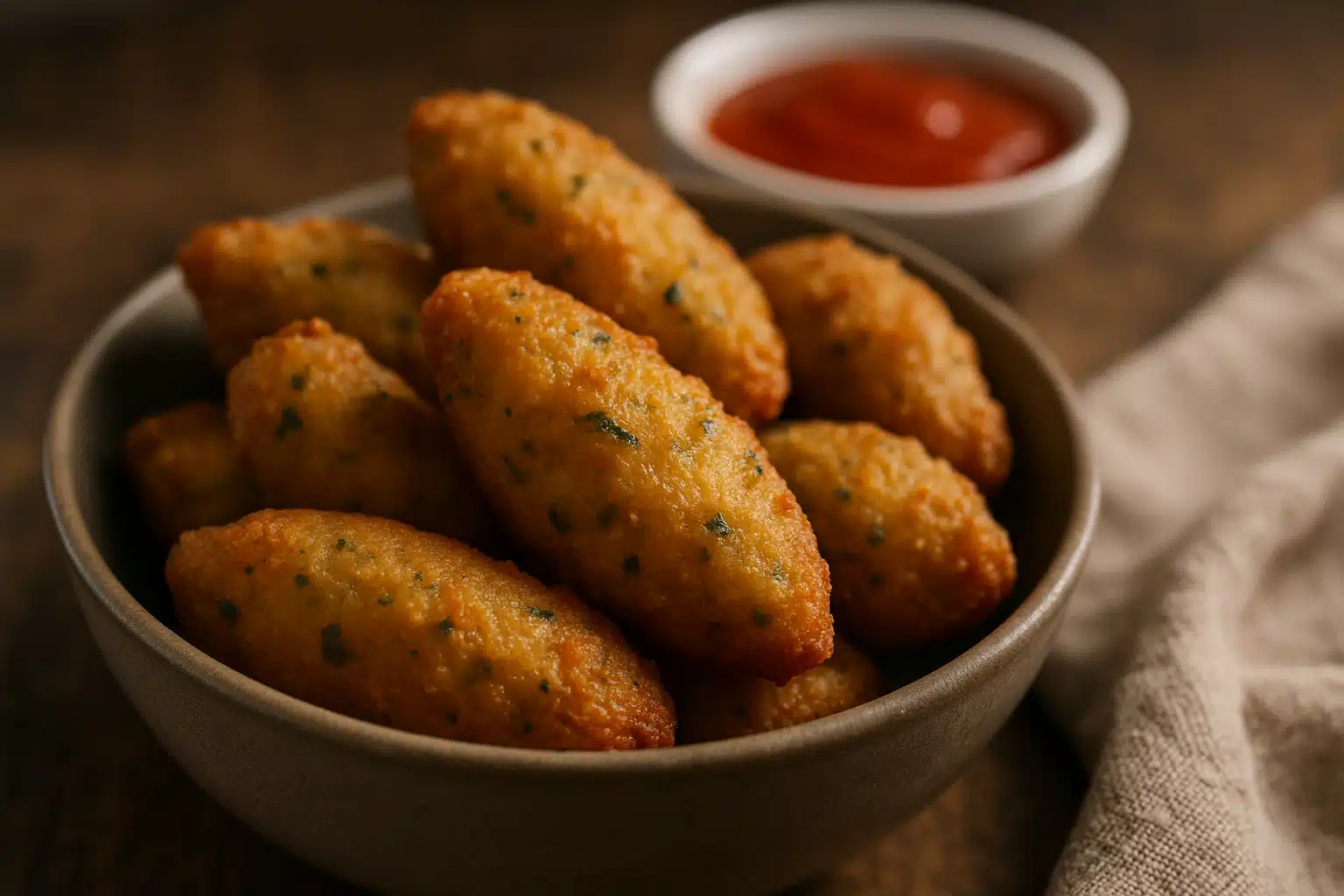 Bolinhos de bacalhau em uma tigela com molho vermelho ao fundo