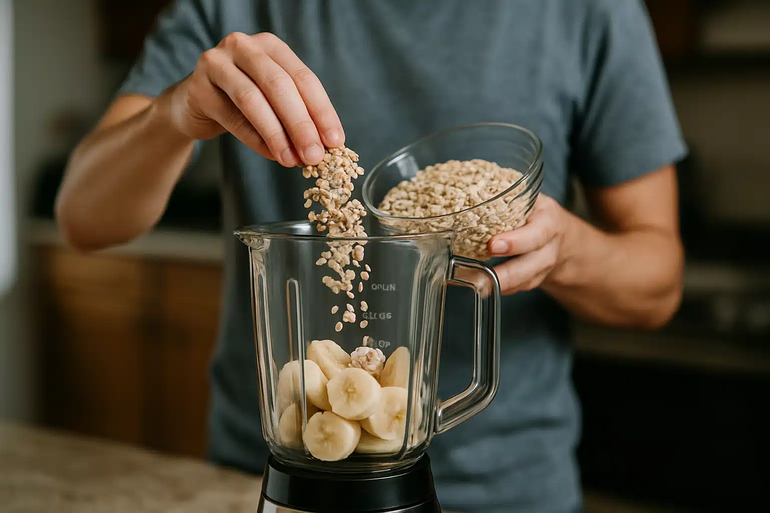 Pessoa adicionando aveia em liquidificador com rodelas de banana