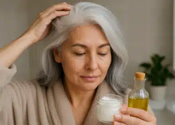 Mulher com cabelos brancos segurando óleo de coco e óleo em recipiente de vidro no banheiro