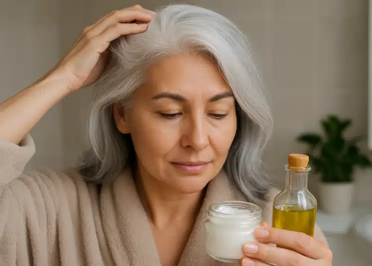 Mulher com cabelos brancos segurando óleo de coco e óleo em recipiente de vidro no banheiro