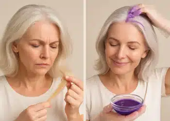 Mulher com cabelo branco observa fios amarelados e depois aplica máscara roxa