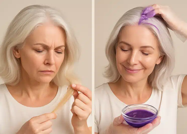 Mulher com cabelo branco observa fios amarelados e depois aplica máscara roxa