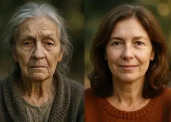 Idosa de cabelos grisalhos e mulher madura com cabelos castanhos olhando para a câmera.