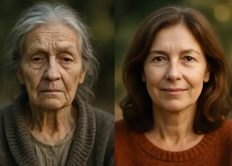Idosa de cabelos grisalhos e mulher madura com cabelos castanhos olhando para a câmera.