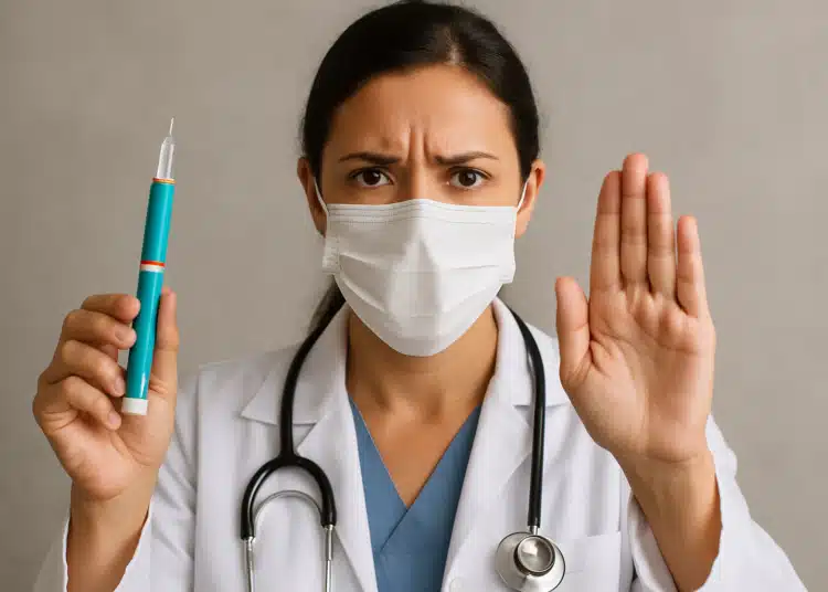 Profissional de saúde com máscara mostra caneta injetável e faz sinal de pare com a mão
