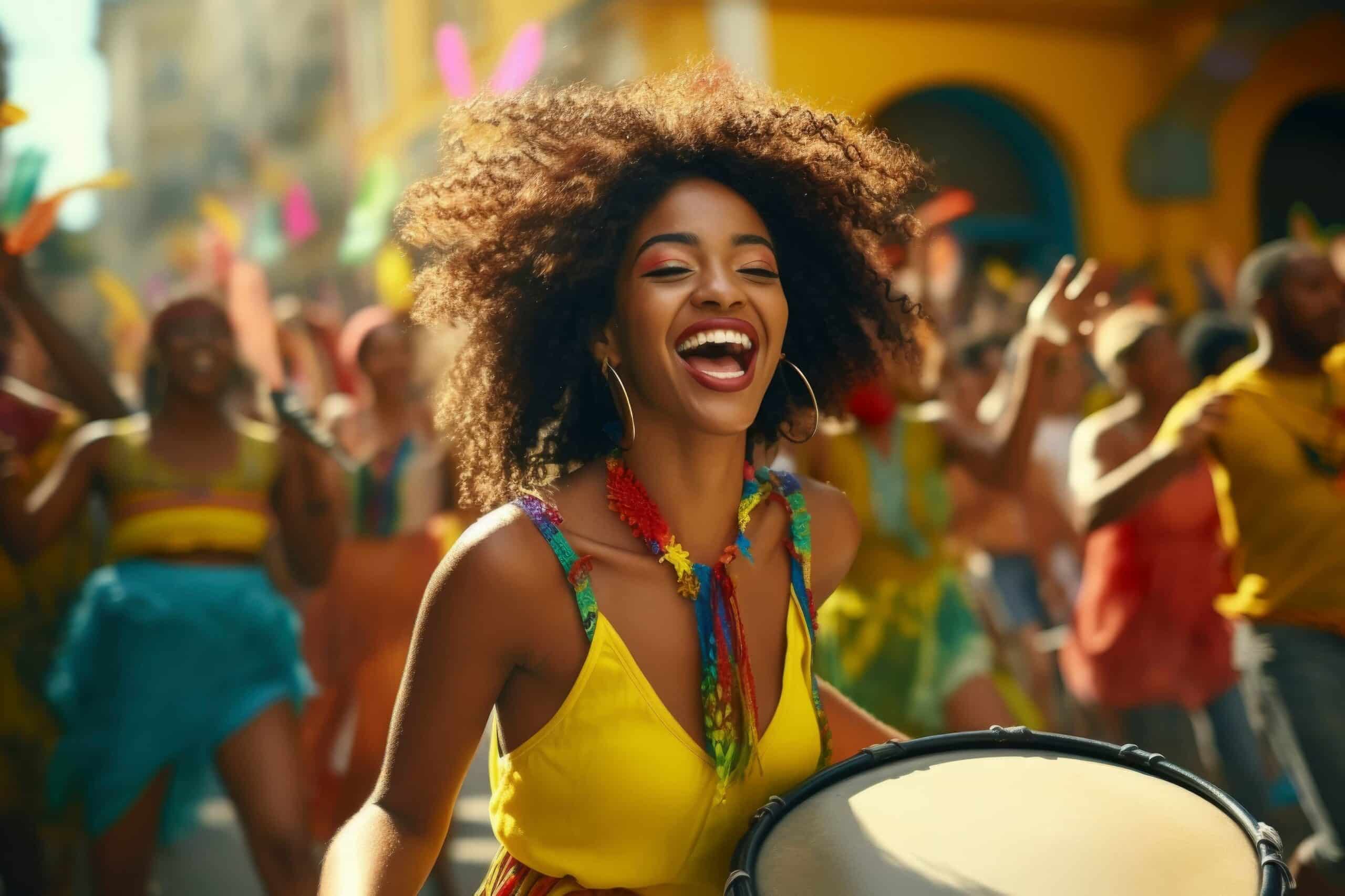 Mulher sorridente tocando tamborim em rua colorida no Carnaval do Rio 2026