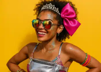 Jovem sorrindo com tiara de brilhantes, laço rosa, óculos espelhados e maquiagem com glitter.
